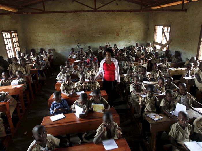 A teacher leads a class session at the École Primaire Ave Marie in Burundi