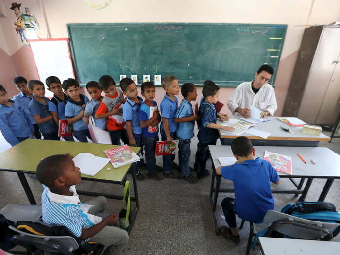 This first-grade class completes an exercise during an English lesson inside Mohammed Zurob