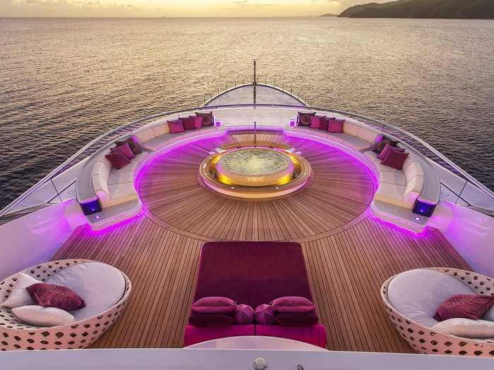 The very upper deck — the boat has six — is dedicated to the owner. The outside area includes a Jacuzzi which has been recessed in order to prevent it from disturbing the view and a seating area for 15 or more.