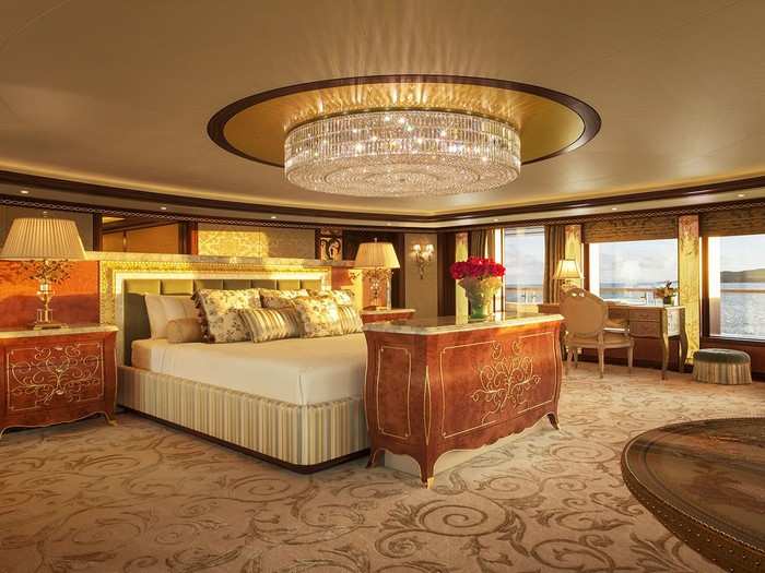 The bedrooms, of which there are over eight, are all beautifully furnished. This is the master bedroom, located on the top deck. The whole upper suite includes his-and-her bathrooms, a Jacuzzi and a 180-degree view off the front of the boat.