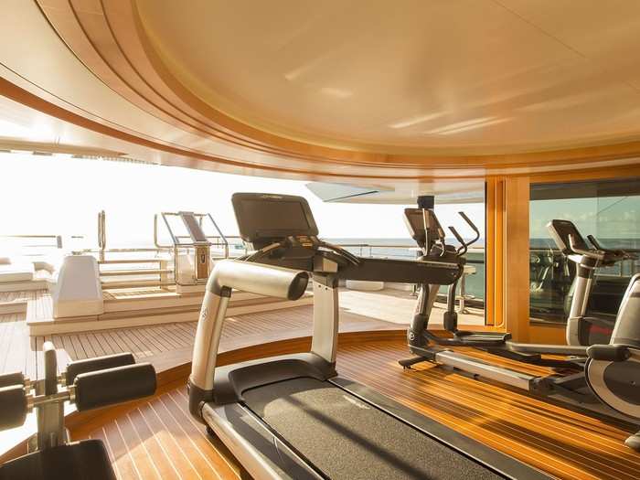 The boat includes a gym, with state-of-the-art equipment, that has a stunning view out onto the bow of the vessel. A giant sliding door reveals the outside and can let a breeze in. The area leads into the pool if you want a post-workout cool down.