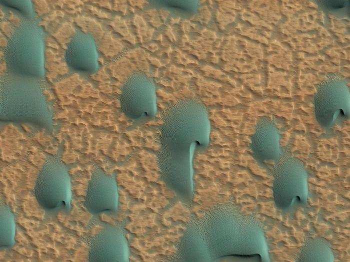 Another common Martian feature are sand dunes, like these, which line the floor of one of the oldest craters on Mars, Noachis Terra. By taking multiple pictures of sand dunes, scientists can see how the size and shape change and use that to determine  wind strength.