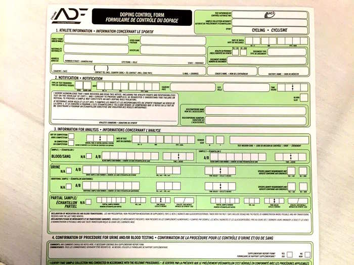 At this time, the rider and the DCO have started filling out the Doping Control Form: