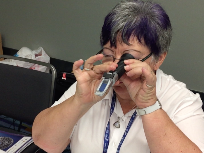 The DCO uses a refractometer to check the urine sample. According to the UCI, DCOs try to measure the urine