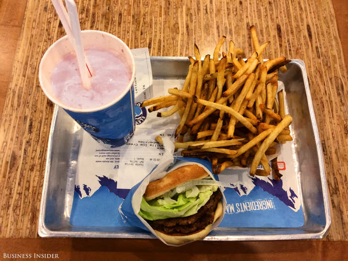 After a short wait – maybe six minutes – my order is brought to me by one of the staff. I ordered a custom "Elevation Burger", a strawberry shake, and a heaping side of fries.