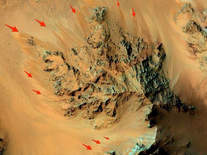 One of the most active places on Mars is the mountainous bedrock in Hale Crater. Here, you can see RSL sliding down the bedrock