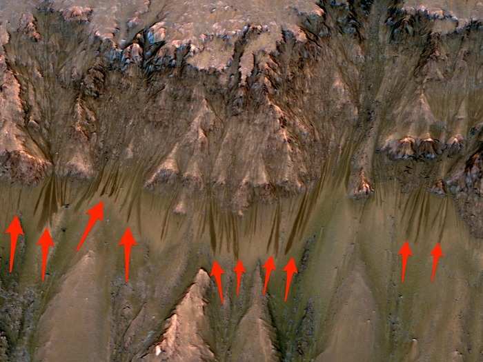 RSL flow down Newton Crater in this shot. Since its arrival to Mars in 2006, the HiRISE camera has recorded how these RSL change each time the reappear. Interestingly, they take on the same shape as the year before. Why that happens remains a mystery.