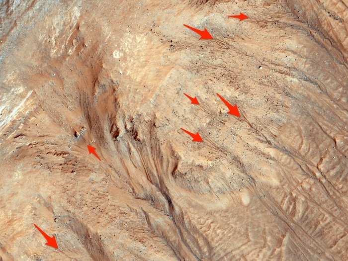 During the Martian winter, carbon dioxide ice carves ravines, shown below, into the Martian surface. Then, when temperatures warm up, RSL has been seen flowing out of some of these ravines.