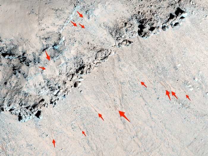 Asimov crater — named for American biochemist and author Isaac Asimov — is a mysterious spot. Certain regions of the crater are rich with RSL while other similar locations are devoid of any. "RSL activity must be controlled by something that HiRISE can