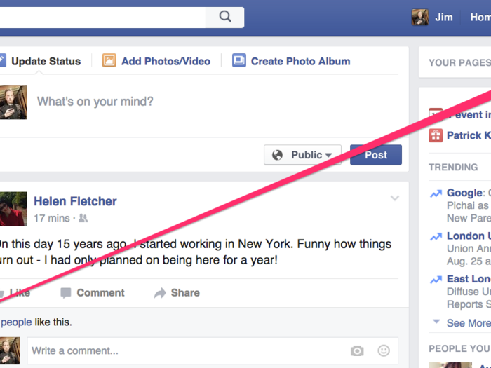 First, click the down arrow at the top right of your Facebook page.