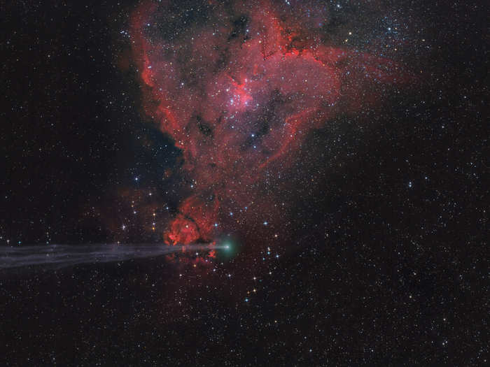 Photographer Lefteris Velissaratos, who is based in Greece, calls this photo "The Arrow Missed the Heart." In the foreground you see what appears to be Comet Lovejoy streaking across a part of the sky where the more-distant "Heart Nebula," which lies 7,500 light-years from Earth.