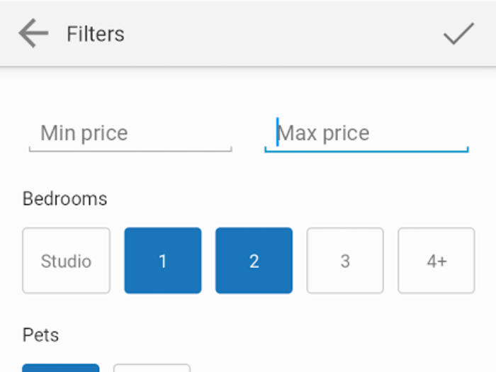 I made sure to narrow down the search to one or two bedrooms. You can also set your rent price range, or the pet-friendliness of the building.