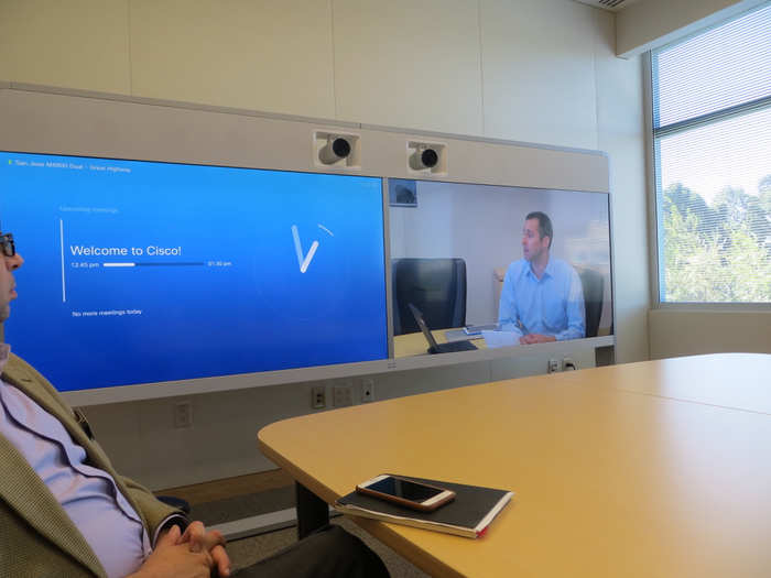 And Cisco still sells its classic huge videoconferencing rooms. This one has two cameras that will hunt down the person who is talking.