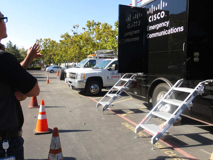 The trucks live in this parking lot. This team is called Tactical Operations (TACOPs) and travels all over the US and the world to disasters like hurricanes, bombings, floods, what-have-you — and they never charge for their services. Cisco covers all equipment and expenses, and employees act as volunteers.