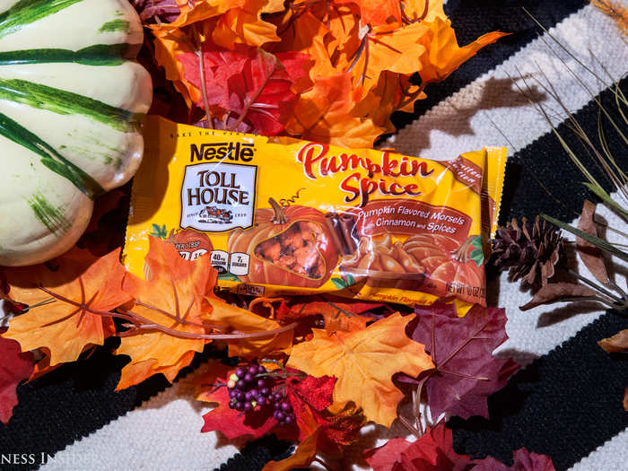 20. Nestle Tollhouse pumpkin spice morsels. First bite — the taste is okay. But it has a suspicious after taste. This product has a strong pumpkin flavor and as these are used in baking, it would be an agreeable addition to a cookie.