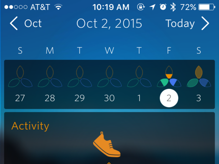 Here were the results of my first (partial) day: A good mix of calm, activity, and focus. In addition to breathing, the app tracks steps and calories burned.