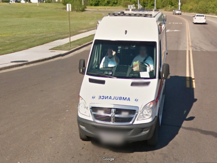 This ambulance driver decided to flip off the Google Maps car in Memphis, Tennessee.