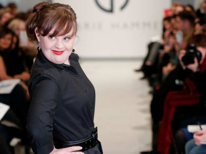 Jamie Brewer walked the runway for Carrie Brewer at this past February