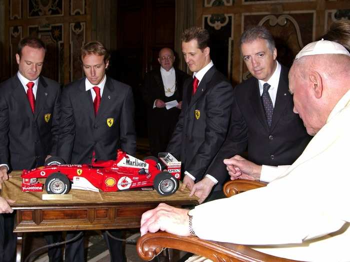 Piero also joined the Ferrari team to present a model F1 race car to Pope John Paul II in 2005.