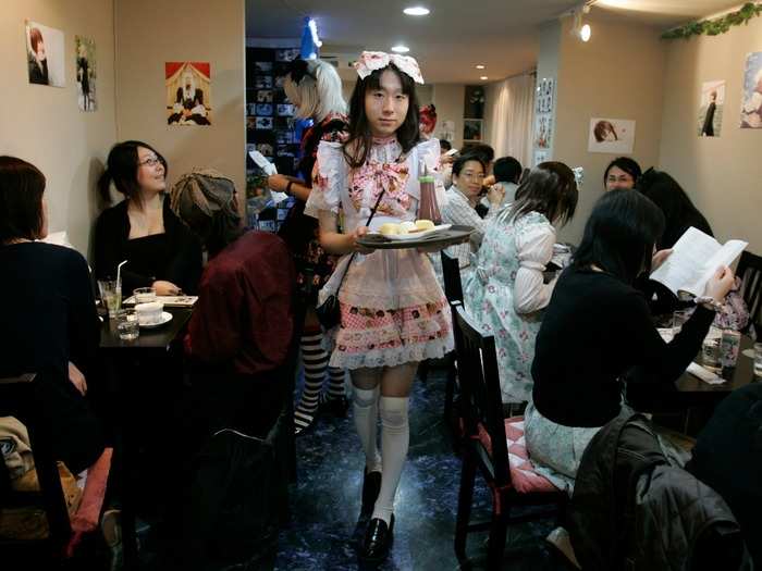 A man dressed as a maid named "Kalina" serves customers at Hibaritei cafe in Tokyo. The cafe, whose servers are all men dressed as maids, has several locations in the Akihabara district. The area is now considered the center of Tokyo