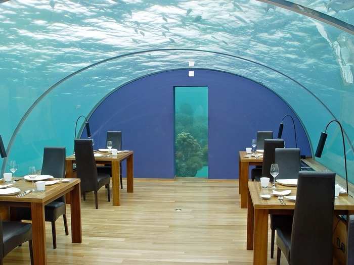 Food is served 16 feet underneath the Indian Ocean in the Ithaa Undersea Restaurant, on the Maldives island of Rangali. It was voted the world