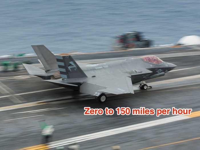 "During a normal F-35C launch, the jet goes from zero to 150 miles per hour, traveling the 310-foot length of the catapult in about two seconds," according to Lockheed Martin.