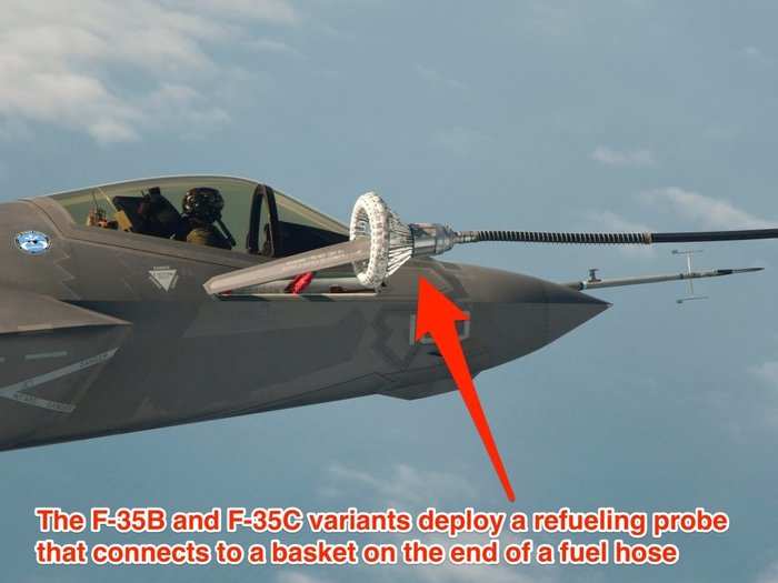 The F-35C carries 19,750 pounds of fuel, the most fuel of the variant aircraft. All jets have the capability to be refueled in air.