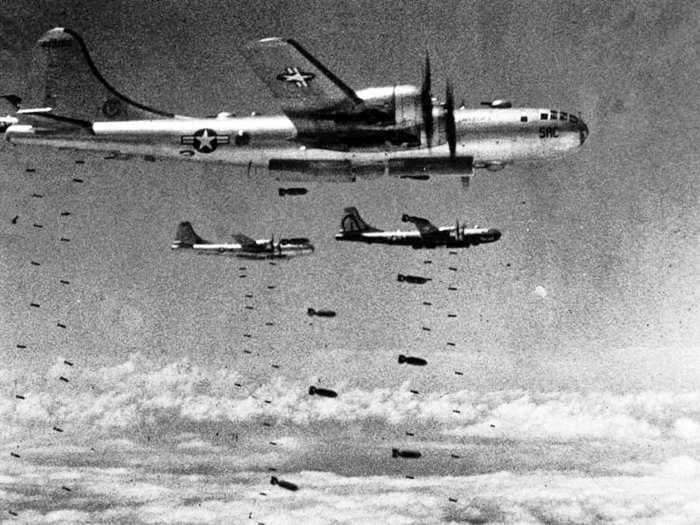 The Navy has planes too, about 3,700. This 1950 photo shows Boeing B-29 Superfortresses dropping 500 pound bombs on a chemical plant during the Korean War.