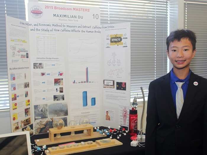 Maximilian Du (13) designed a better way to extract caffeine from liquids.
