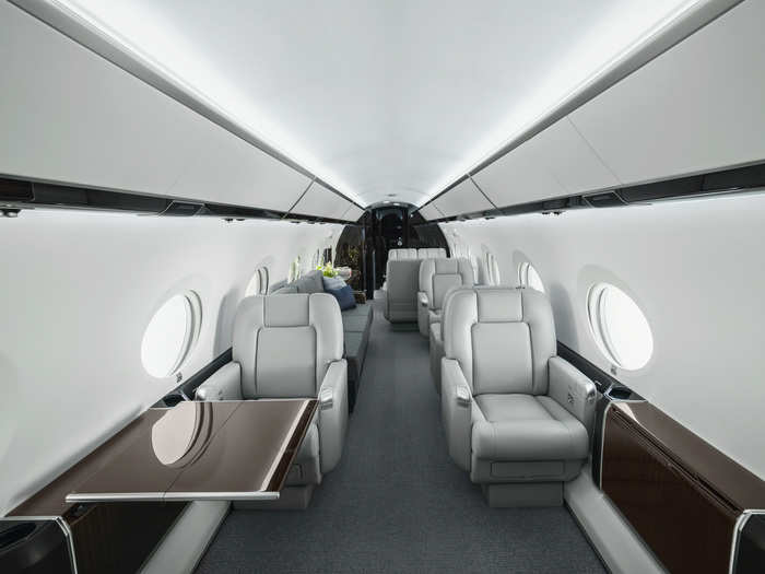 The G450 can seat up to 19 guests. Chairs can be folded away or made into beds while there are two longer sofa areas toward the rear of the plane.