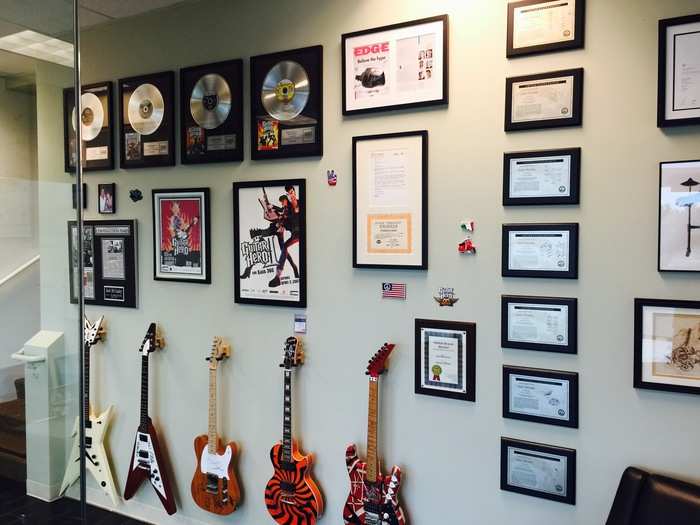 Before Oculus, McCauley was the chief engineer on the GuitarHero video game. Those music roots are very evident in the foyer of his lab.