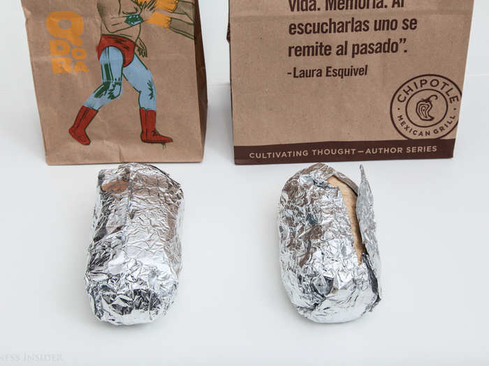 First up: burritos, with Qdoba on the left and Chipotle on the right. We all know and love the humble, delicious burrito, and unlike the last Business Insider Chipotle showdown, the sizes here are very similar – no early edge.