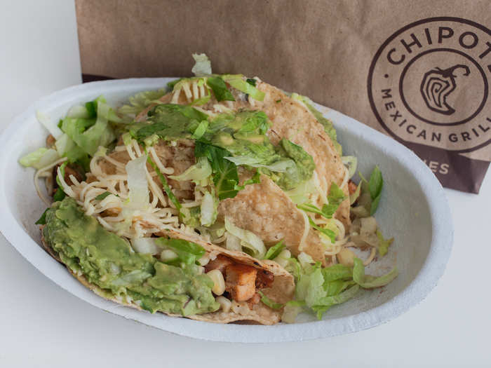 The tacos from Chipotle have the right amount of ingredients: plenty of chicken, just enough lettuce, and a boatload of guacamole. And surprisingly, the shells held up much better than Qdoba