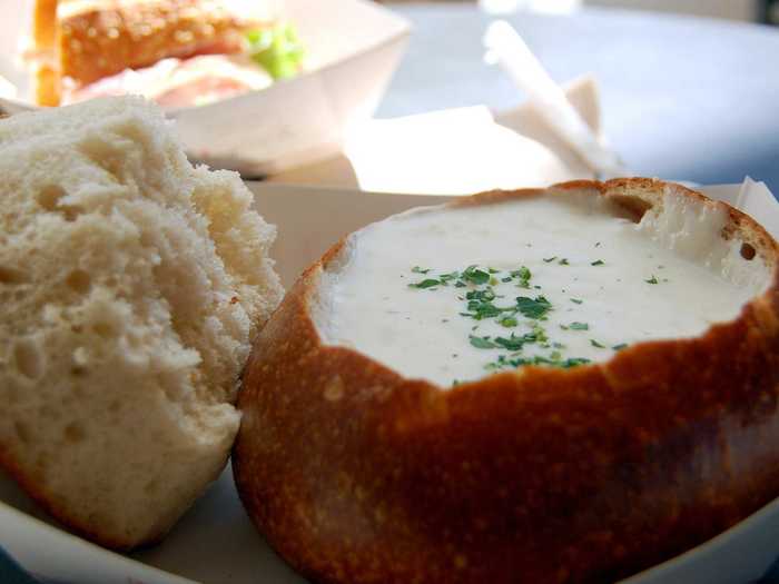 MASSACHUSETTS: Clam chowder is a New England tradition — American author Joseph C. Lincoln  even wrote “The Battle of Bunker Hill was fought for–or on–clam chowder; part of it at least, I am sure it was.” New England clam chowder, sometimes called Boston chowder, unlike its many impostors, is cream-based and full of of potatoes — and never ever tomatoes.