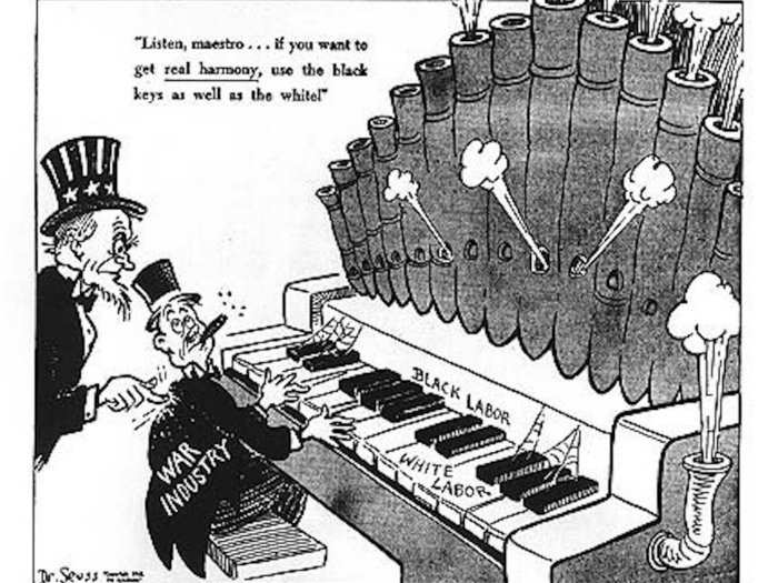 You can see in this cartoon that Seuss changed his mind about racial hiring quotas by the end of the war.