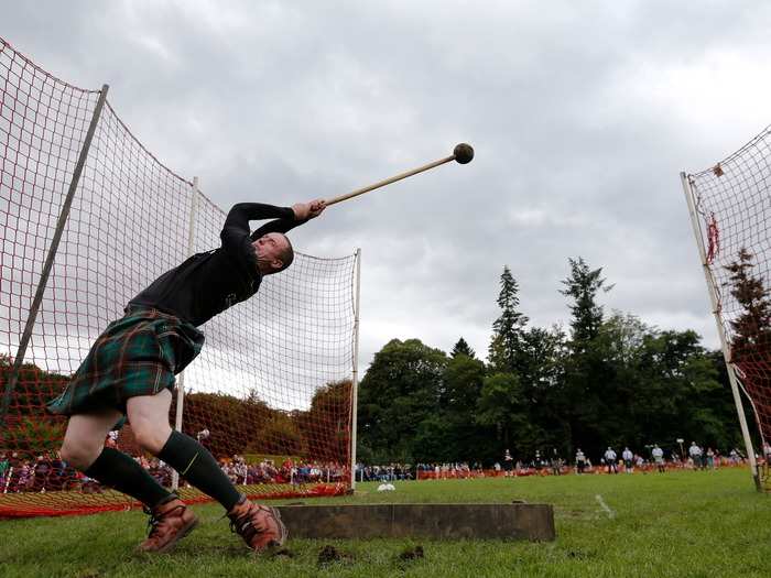 The Highland Games are an honorary tradition in Scotland. Activities include the hammer throw — using a handle or wooden pole to whirl a 16-22 pound hammer around one