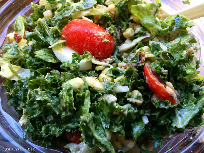 I immediately realize that the salads here are enormous. This is one impressively deep bowl of green and healthy goodness. The tomatoes are bright and juicy, and they taste perfectly fresh.