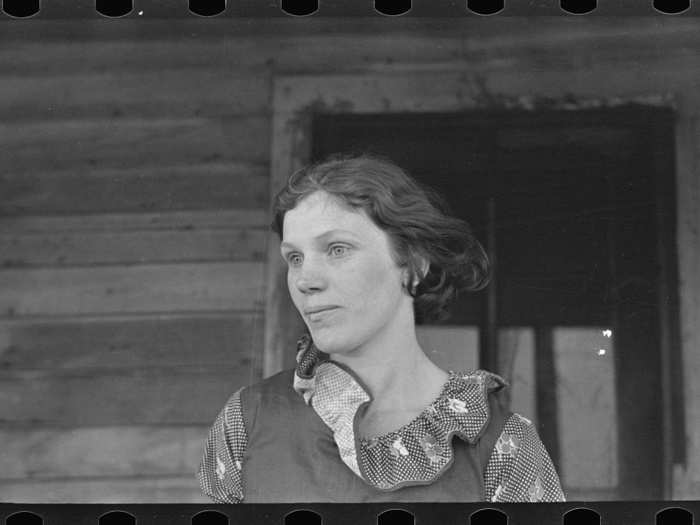 Mrs. Gernie Marshall, near Ringgold, Iowa, is the wife of Gernie Marshall, a tenant of a 115-acre farm. At the time this picture is taken, there have been no crops for three years, and the family is thinking of moving to California.