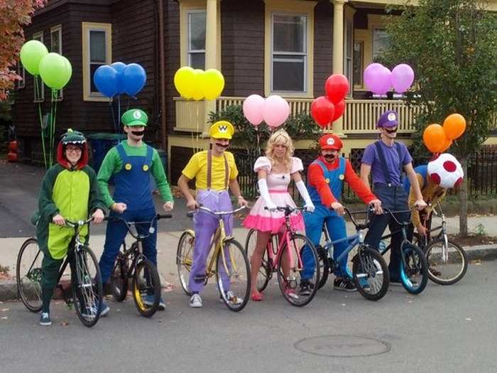 Group costumes are a great go-to for friends. This Mario Party crew nailed every detail, even down to the balloons.