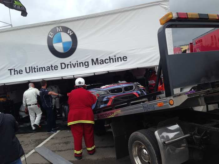 This BMW hit a bad patch on the track and had to be repaired. The ultimate driving machine was out of action.