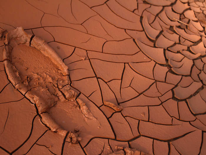 A footprint in the mud six days after red toxic sludge flooded the village of Devecser, Hungary on October 4, 2010. One million cubic meters of red mud burst out of a sludge reservoir, killing 10, injuring more than 120, and flooding three local villages and fouling rivers including a tributary of the Danube.