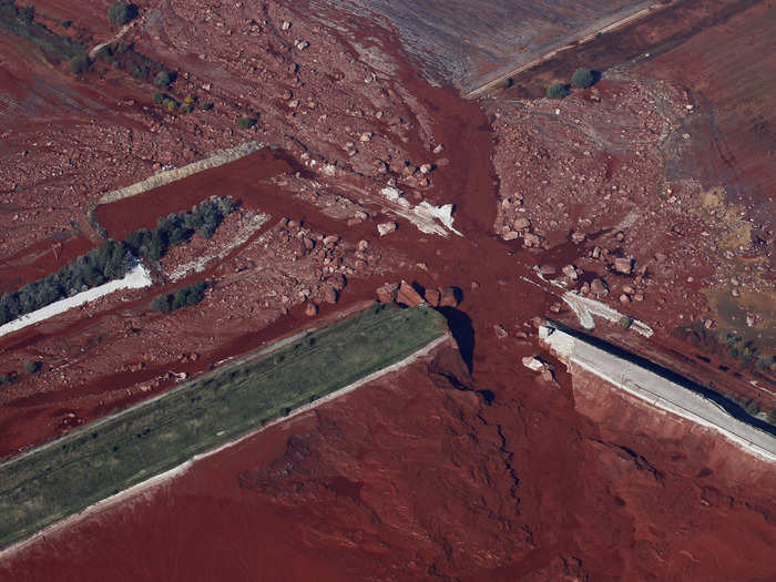 A damaged reservoir near an alumina plant seen from the air in the Hungarian village of Kolontár in Budapest on October 9, 2010.