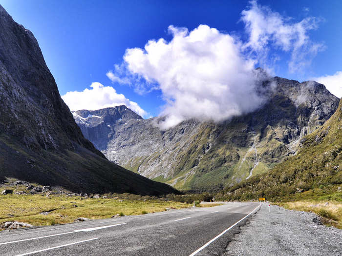 The Milford Road in New Zealand winds for 144 miles through Fiordland National Park, in the heart of the Southern Alps. The road also connects to Milford Sound, one of the filming locations for the "Lord of the Rings" trilogy.