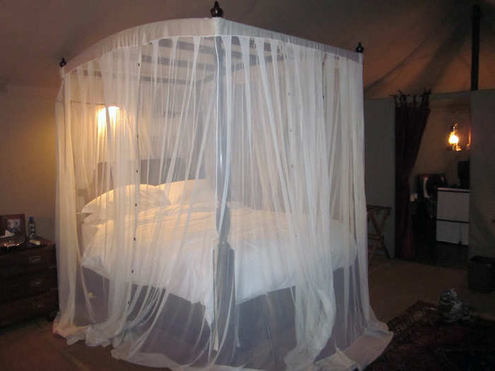 I was glad to have a guard take me back to my tent, since it was pitch black outside and there were wildebeest bleating all around. Inside, I found my bed enveloped in mosquito netting.