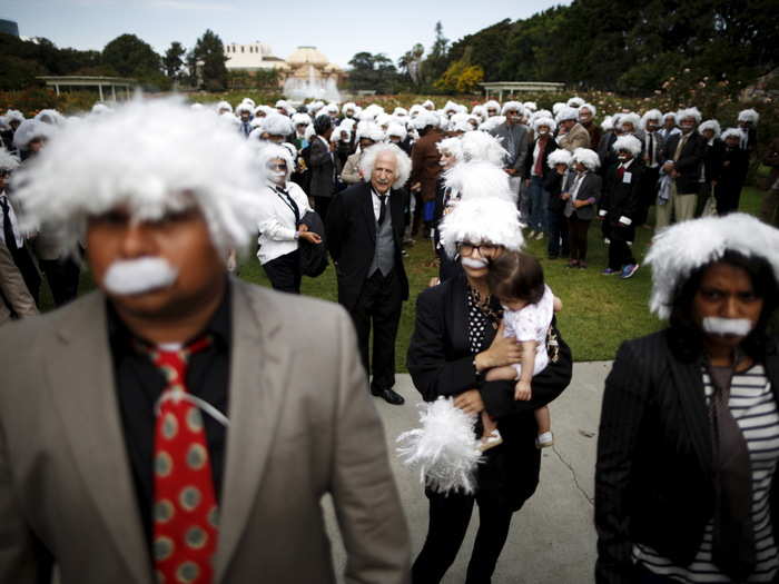 The world record for the largest Einstein gathering goes to this group of more than 300 people in Los Angeles, California.