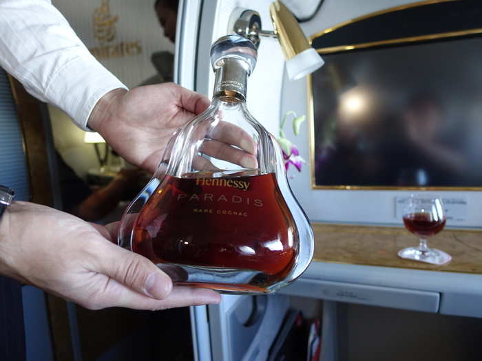 After finishing a couple of flutes, I decided to have an early morning drink of Hennessy Paradis cognac, the most expensive drink in the sky. A standard bottle retails for over $700.