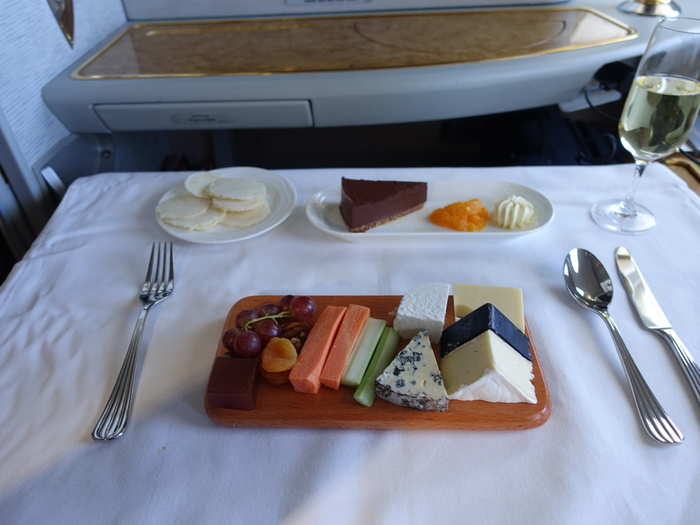 At this point I was already stuffed, but who can refuse a nice plate of cheese and chocolate cake? The presentation was excellent, and I was a bit surprised by the vast selection. Instead of making you choose which kind of cheese you want, Emirates just gives you everything.