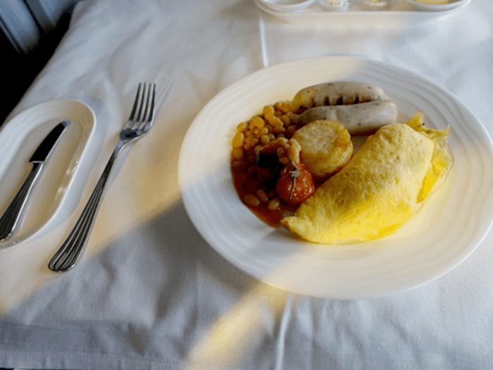 As the sun began to rise, we took off from Sydney and began our 13-hour journey to Dubai. I decided to get a quick breakfast before going to sleep.