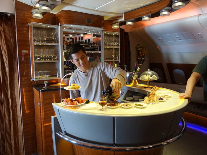 When I first saw the bar, I was amazed. It looked exactly like the commercials I have seen on TV, and dare I say, even classier than most bars on the ground. The A380 bar was fully stocked with your standard selection of mid-range alcohol.