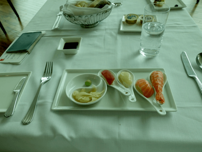 The hostess mentioned that they would start serving lunch in fifteen minutes but I was welcome to grab some food in the buffet table while waiting.